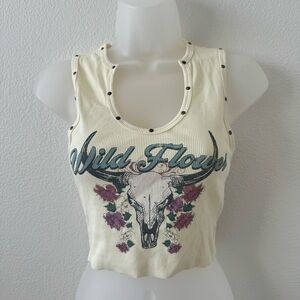 yellow cream beige wild flower cow sleeveless ribbed tank crop top shirt